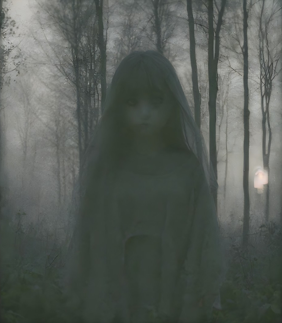 Mysterious figure in veil in misty woods with soft glow