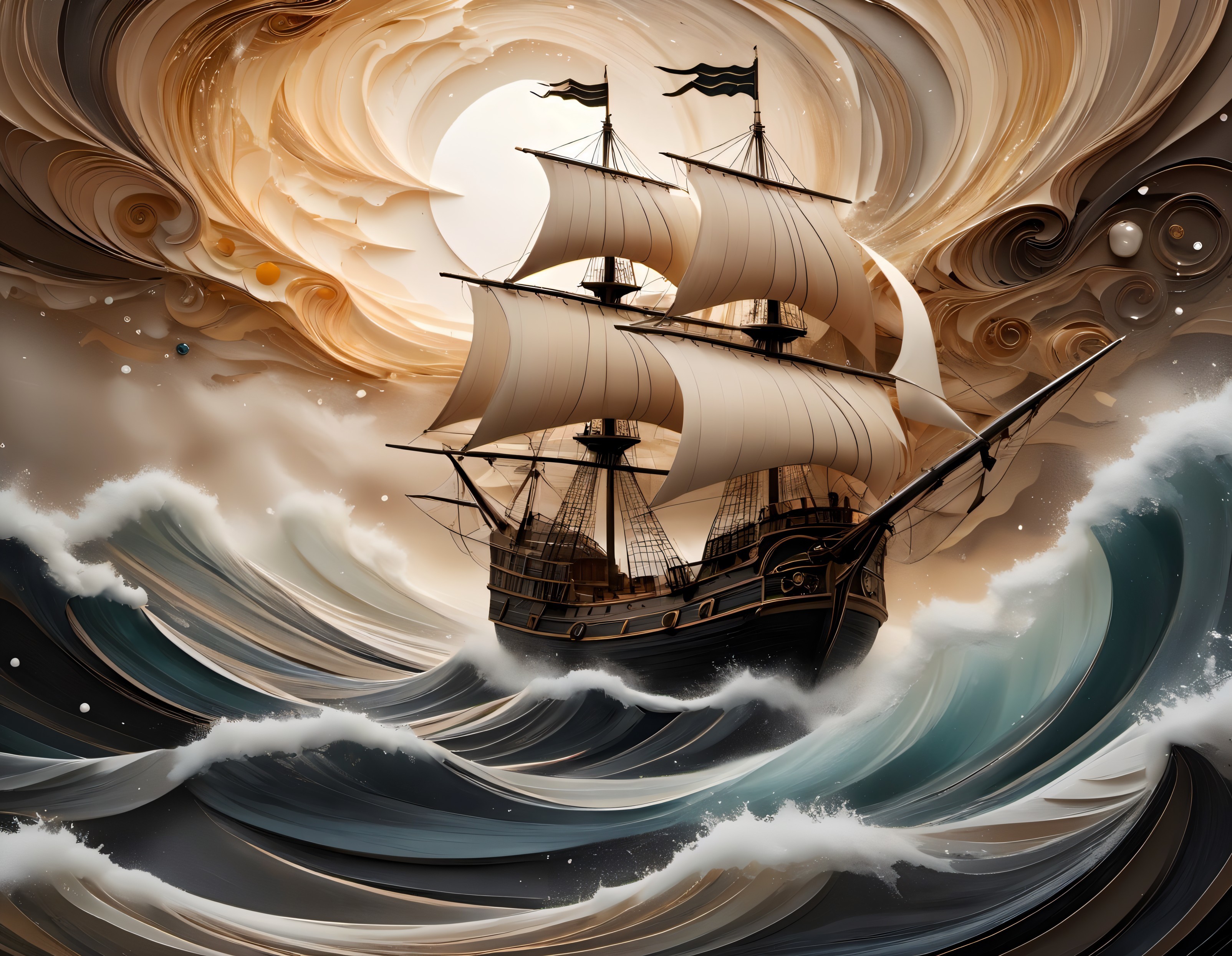 Majestic Ship Navigating Turbulent Waves and Clouds