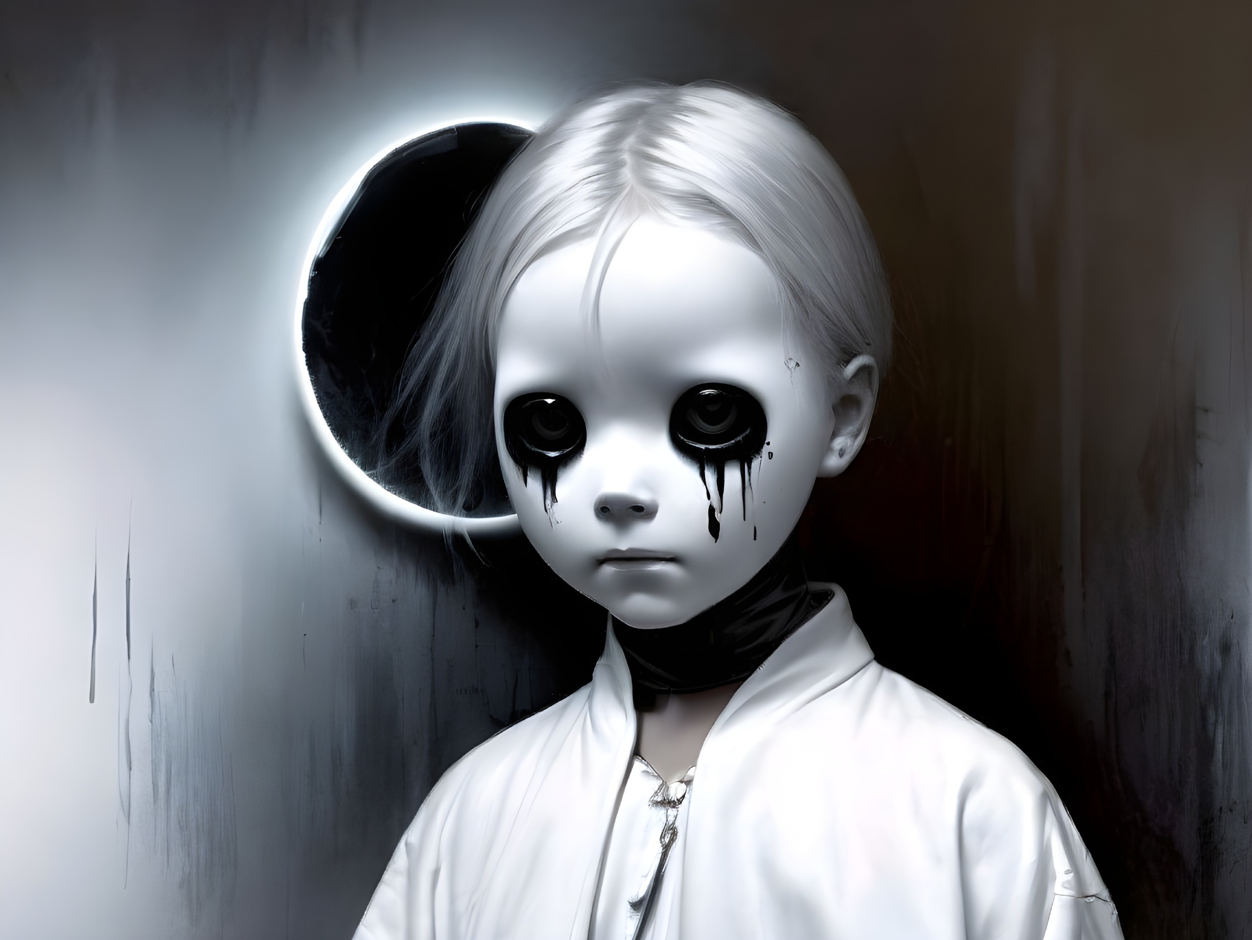 Eerie doll-like figure with dark eyes and eclipse.