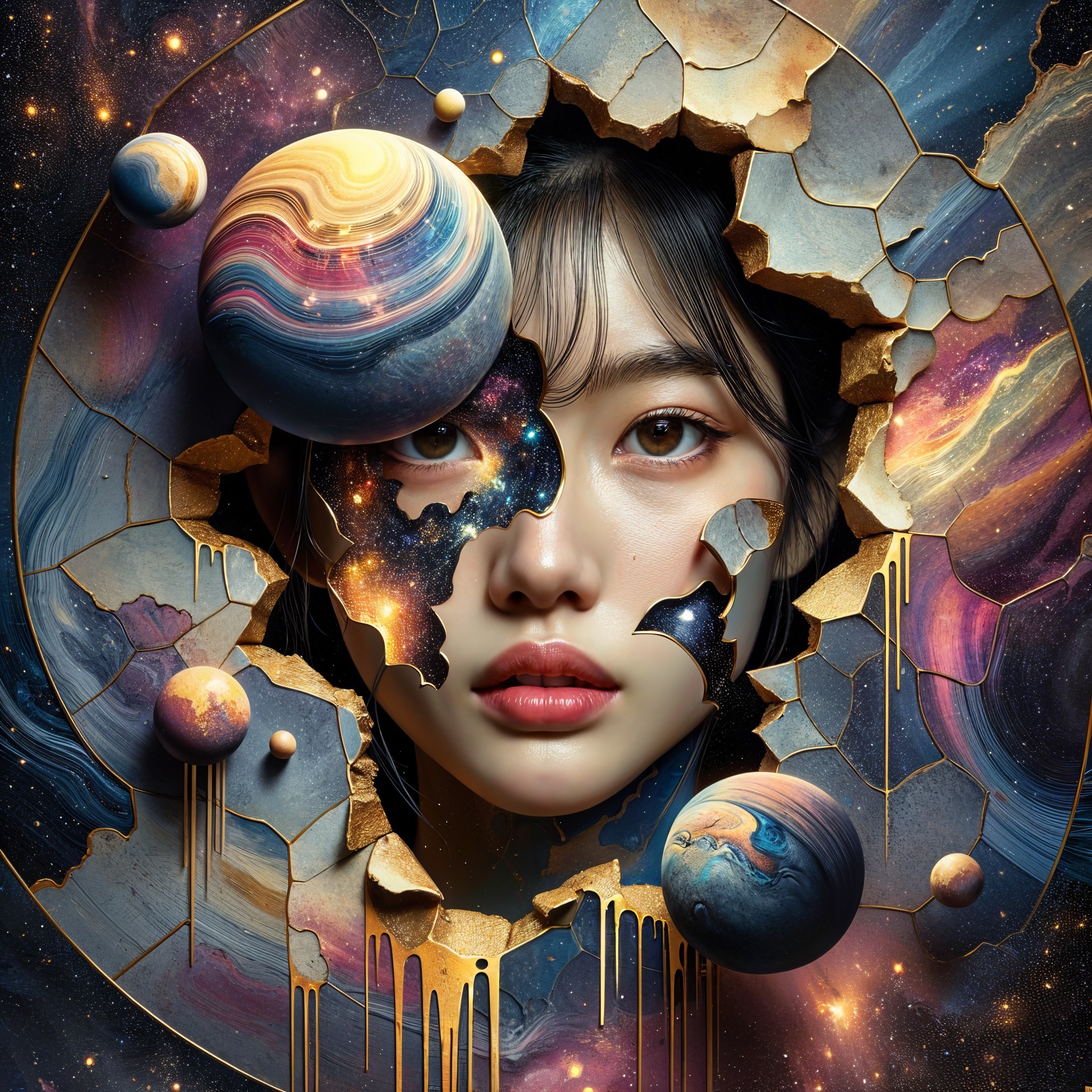 Artistic surreal portrait of a fragmented woman with cosmic scenes and planets against a starry space backdrop