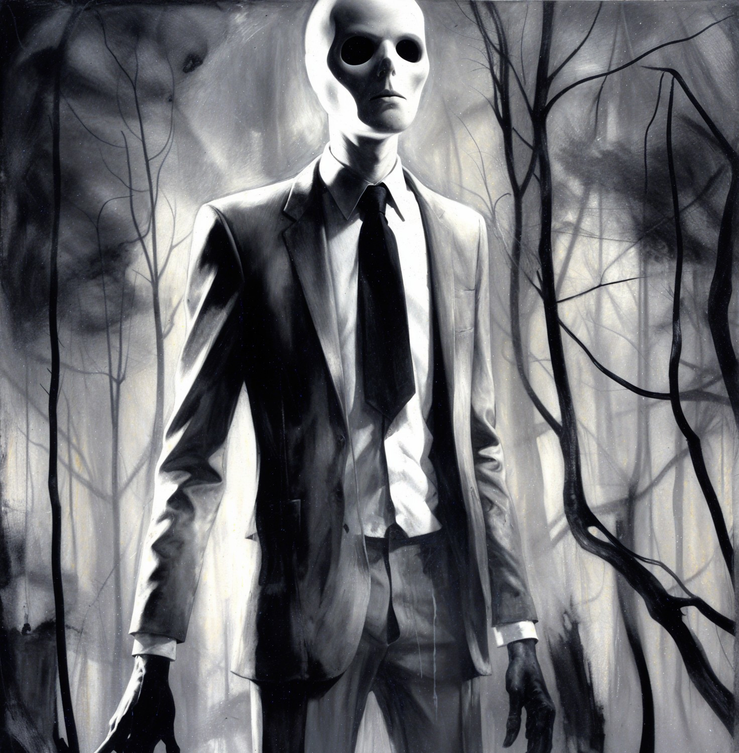Eerie Figure in Tailored Suit in Shadowy Forest