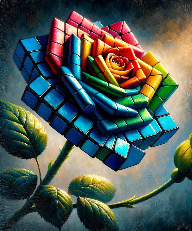 Vibrant Rubik's Cube Rose with Colorful Petals