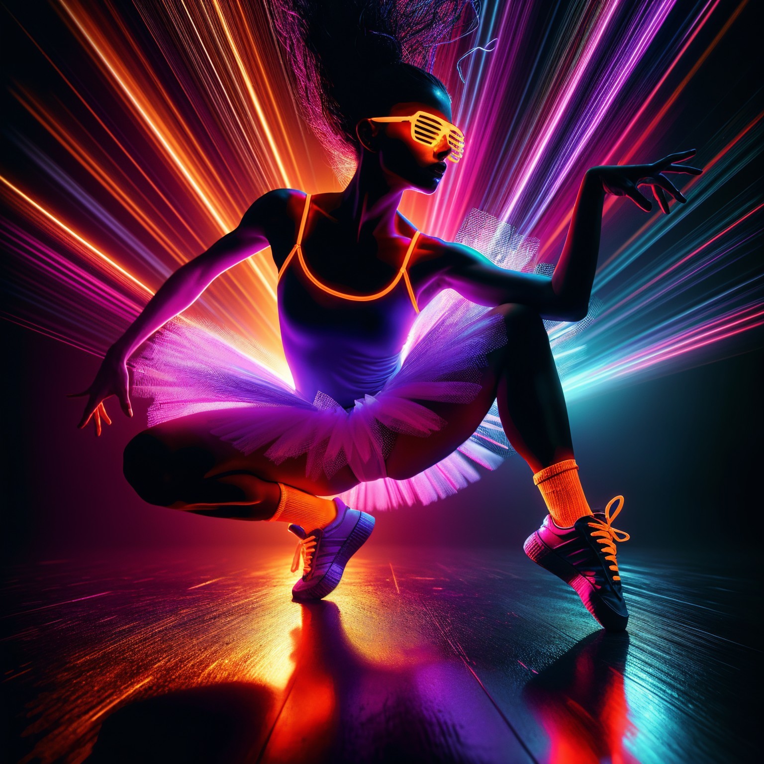 Vibrant Dance Pose with Neon Lights and Accessories