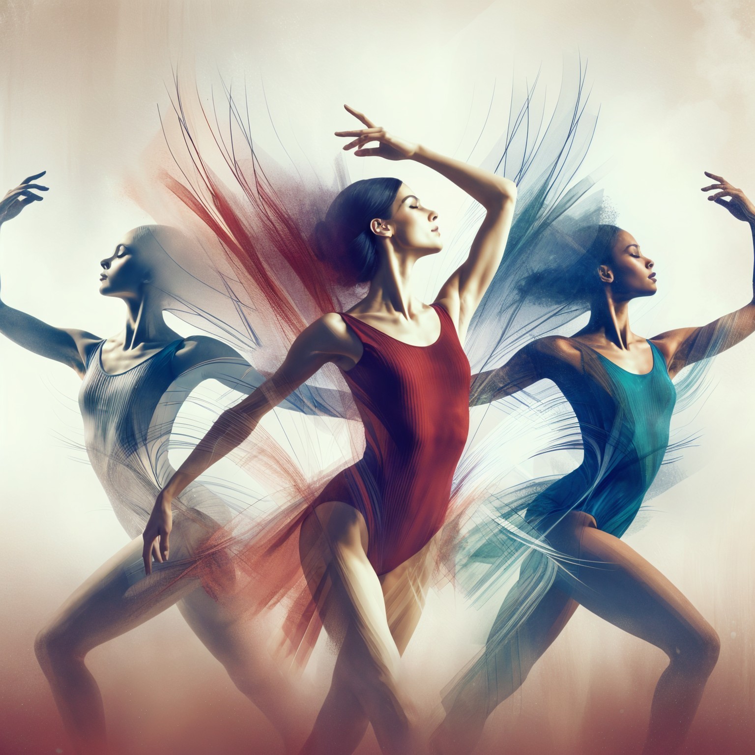 Three Elegant Dancers in Flowing Colorful Costumes