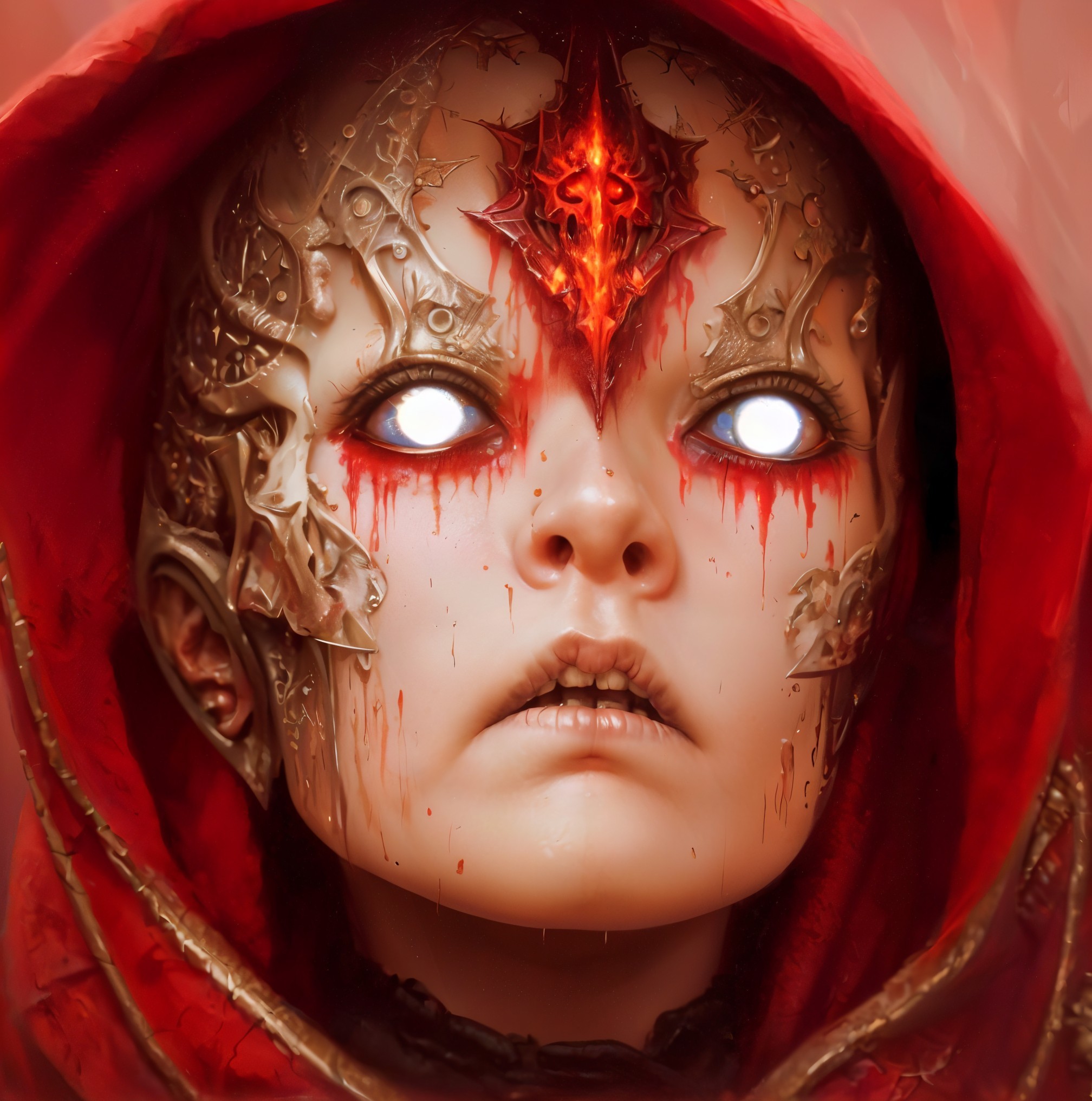 Detailed metallic mask with red accents and white eyes, person in red hood