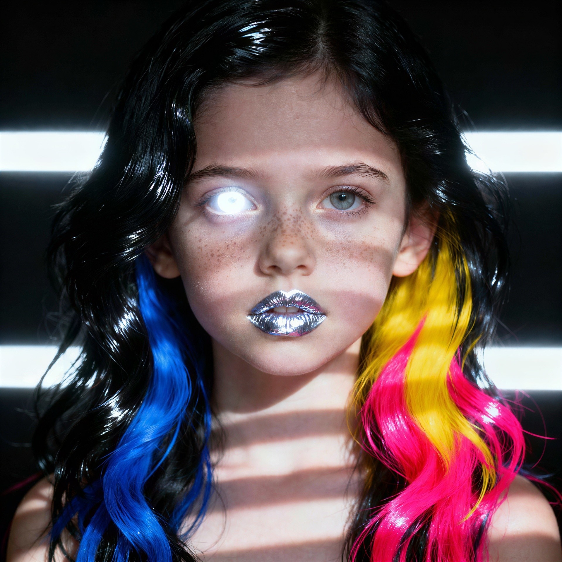 Young girl portrait with colorful hair and striking eyes