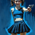 Young girl in pigtails poses with toy gun and skirt