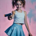 Young girl in playful pose with toy gun and pink background