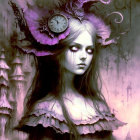 Gothic fantasy art: Pale woman with haunting eyes, clock, skull in purple flower, mist