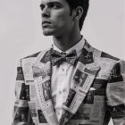 Man in Newspaper Suit with Bow Tie and Serious Expression
