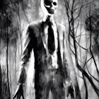 Eerie Figure in Tailored Suit in Shadowy Forest