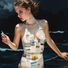 Young Woman in Newspaper Swimsuit at Shoreline