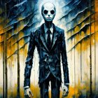 Tall figure in dark suit in eerie forest scene