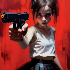 Young girl with handgun against red background