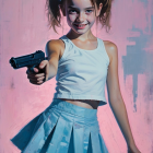 Young girl with pigtails playfully holding a gun
