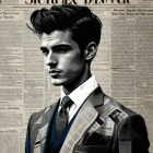 Stylish Man in Newspaper Suit Against Vintage Backdrop