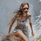 Young Woman in White Dress Kneeling by Ocean Waves