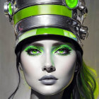 Portrait of a Young Woman with Green Eyes and Helmet