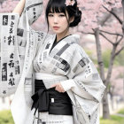 Young Woman in Newspaper Print Kimono Under Cherry Blossoms