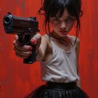 Young girl with handgun against red background