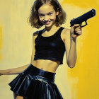 Young woman in black outfit with handgun on yellow背景