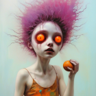 Vibrant surreal artwork: girl with pink hair, orange eyes, holding fruit, tiny figure on