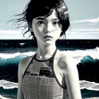 Young girl by ocean in newspaper swimsuit artwork