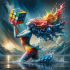 Woman in Colorful Liquid with Rubik's Cube
