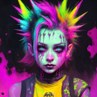 Colorful punk mohawk, dark makeup, piercing eyes, edgy attire on purple splattered