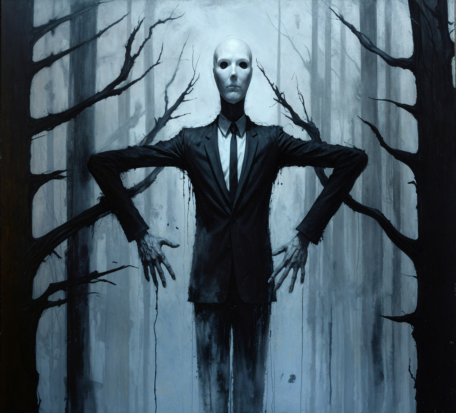 Faceless Figure in Black Suit Among Twisted Trees