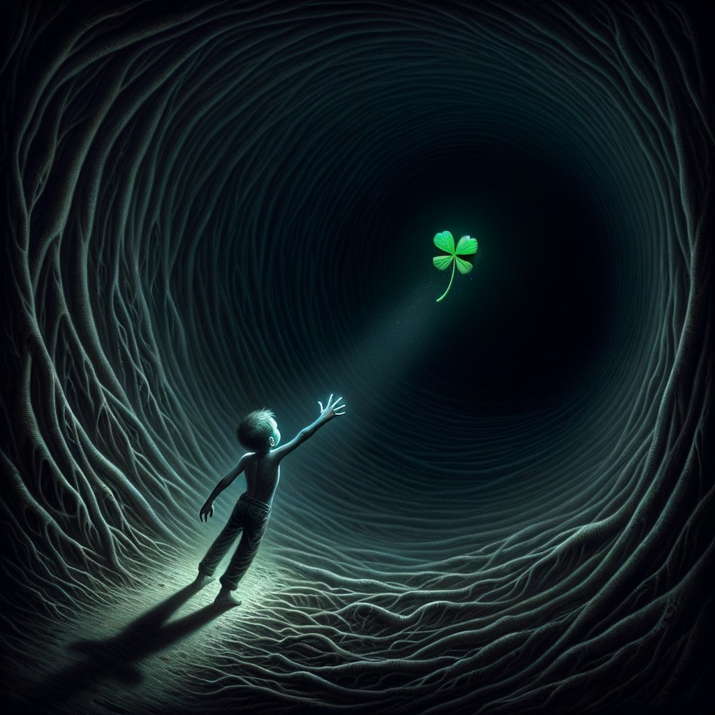 Child Reaching for Glowing Four-Leaf Clover in Tunnel