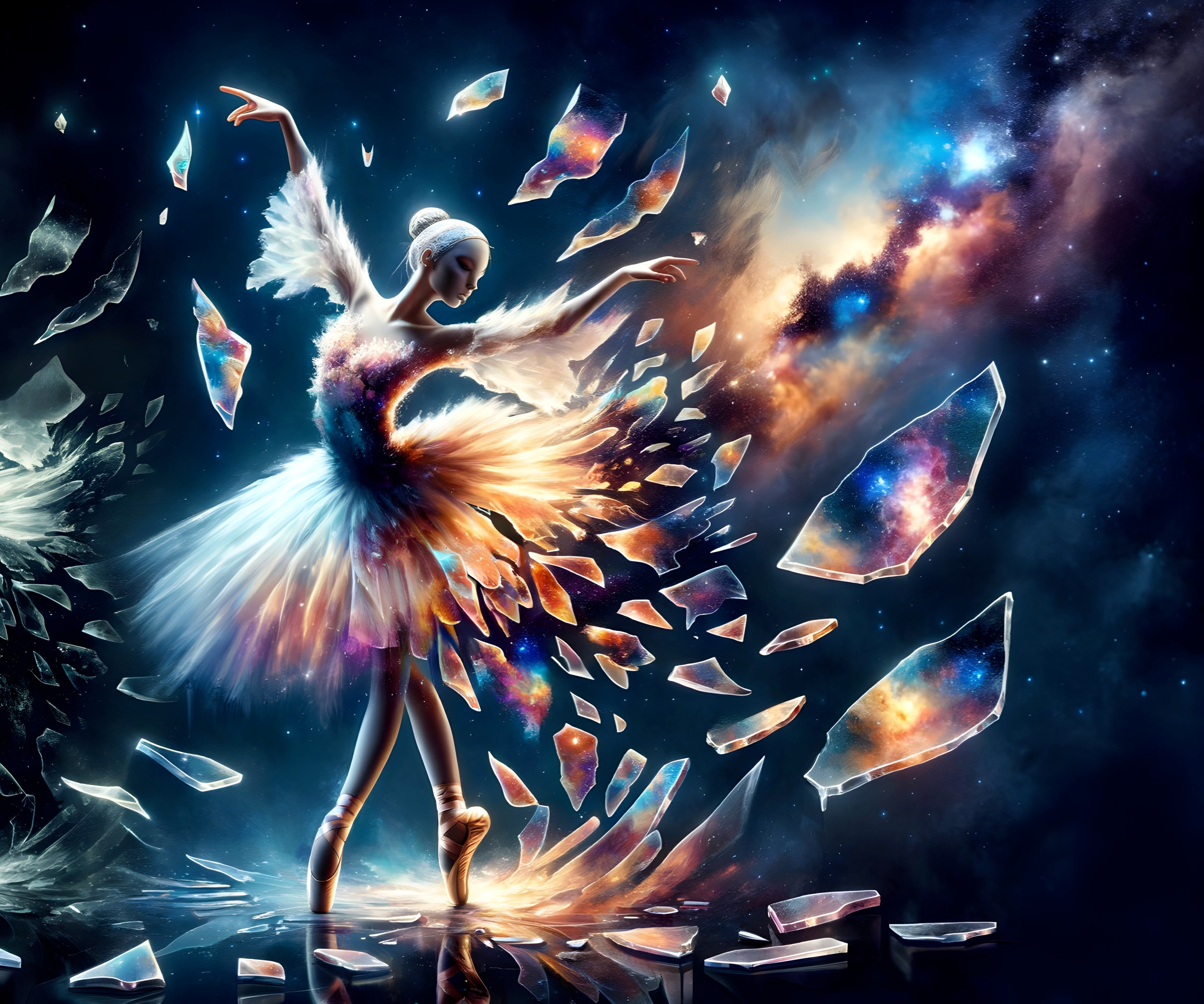 Ballerina in feathered costume dances in surreal cosmic setting