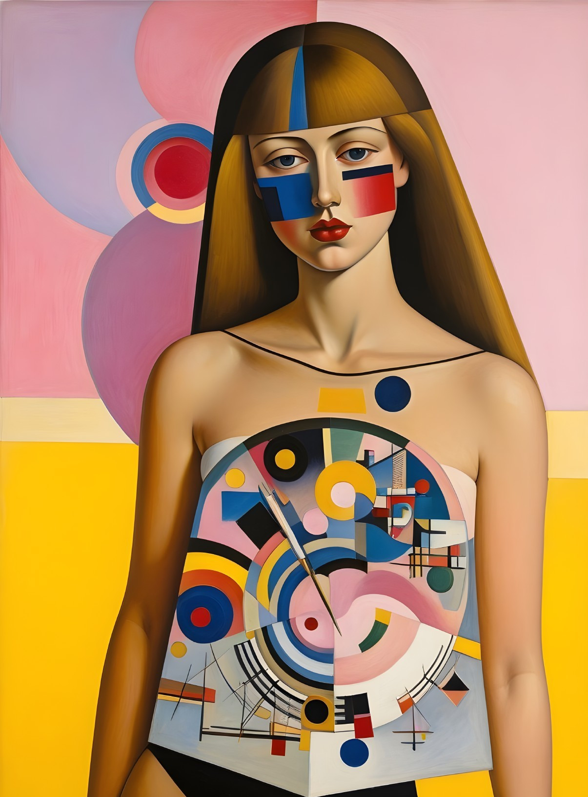 Stylized Female Figure with Geometric Design and Colors