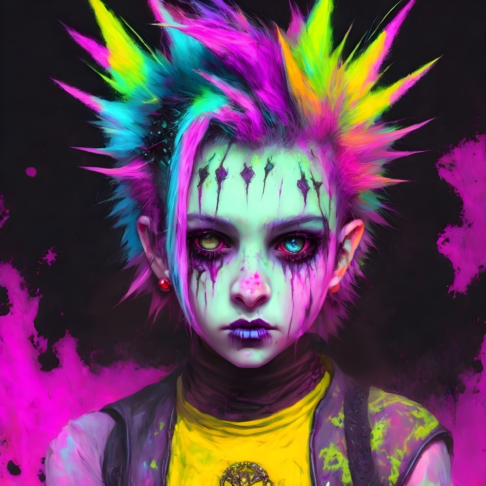 Colorful punk mohawk, dark makeup, piercing eyes, edgy attire on purple splattered