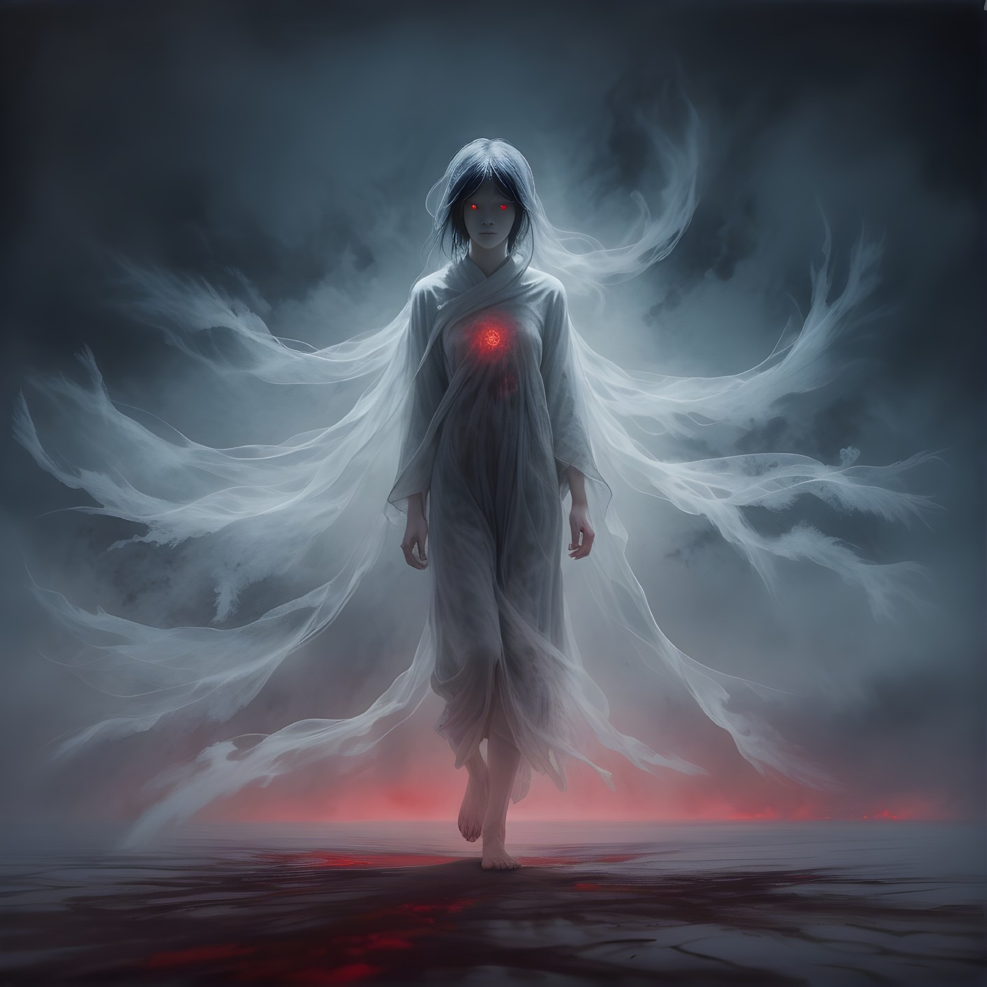 Ghostly Figure in White Robe with Red Eyes and Emblem