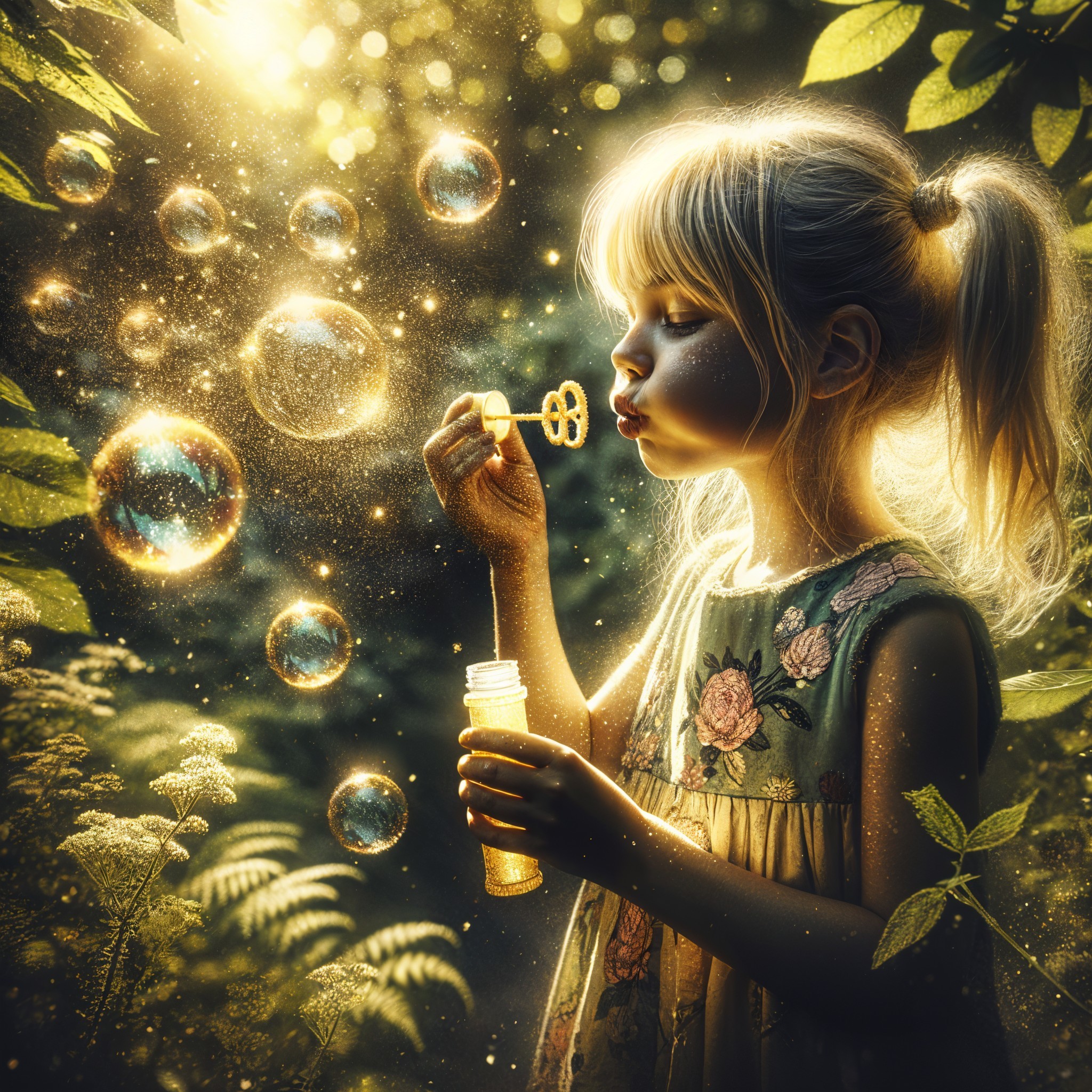 Young girl in floral dress blowing bubbles in forest