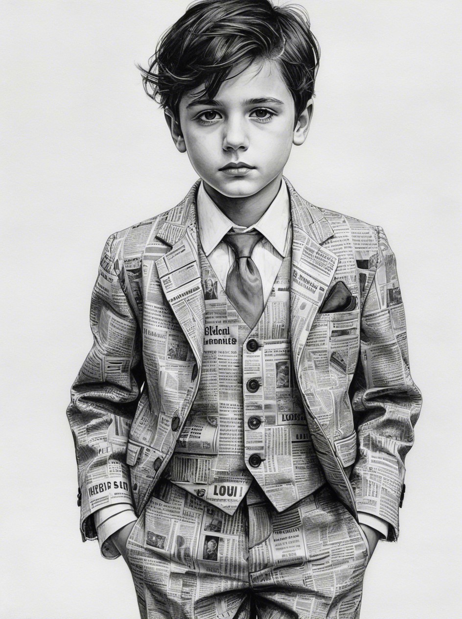 Boy in Newspaper Suit with Intricate Patterns