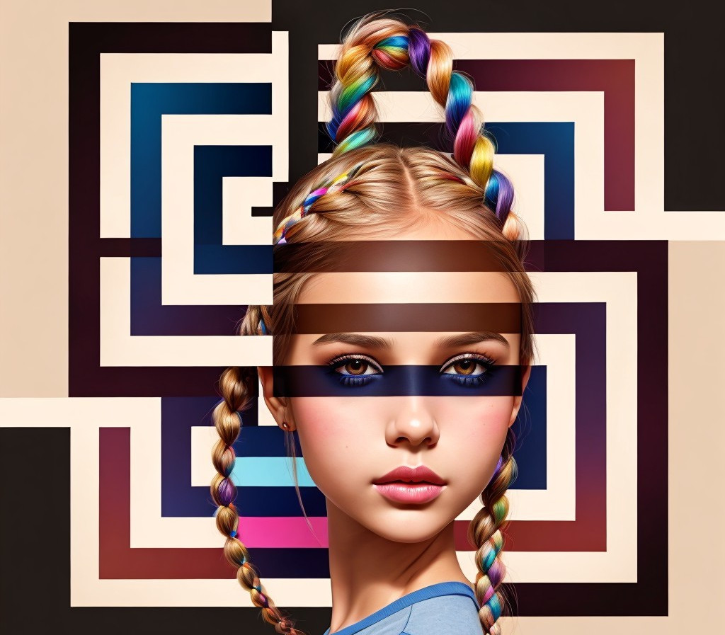 Multicolored braids blend with girl's face in digital artwork