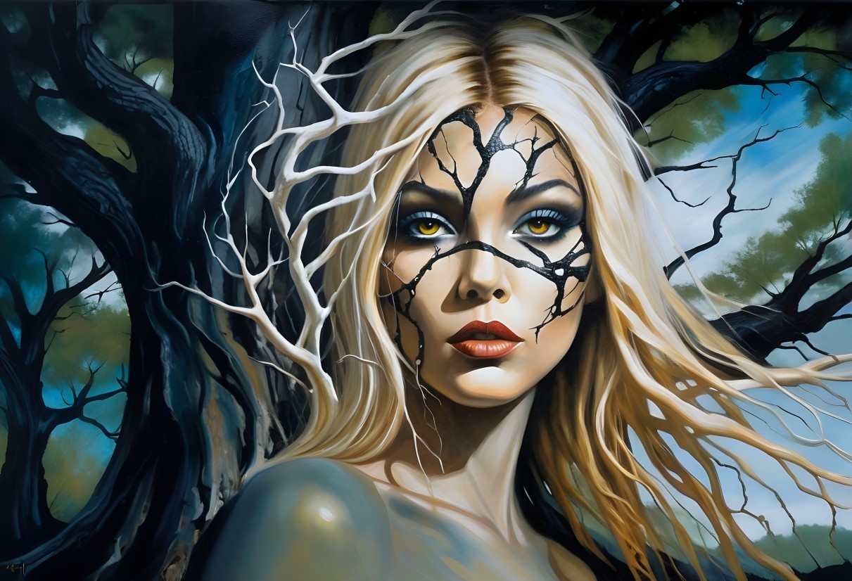 Young woman with bark-like patterns and nature backdrop