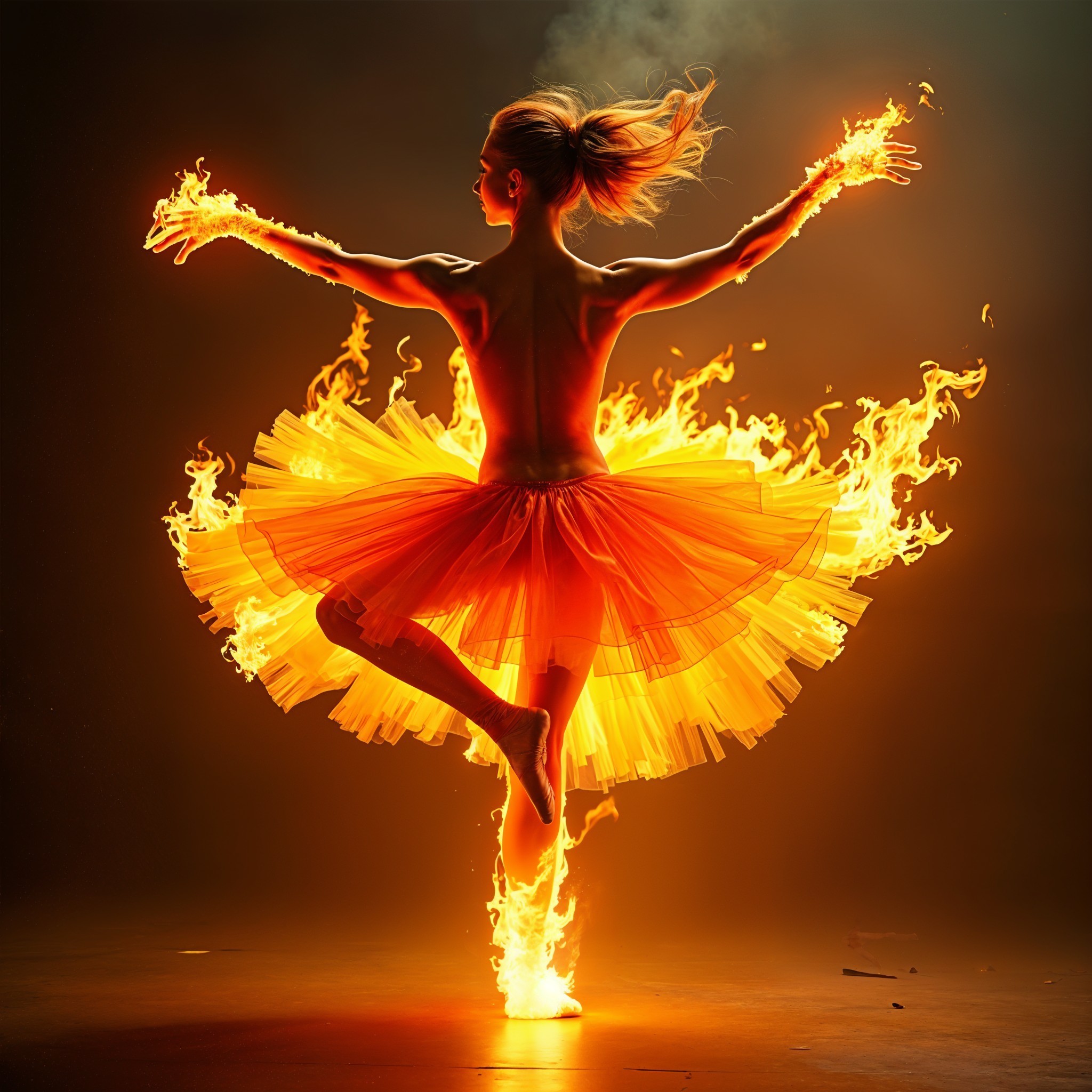 Dancer in Vibrant Flames with Flowing Tutu Costume