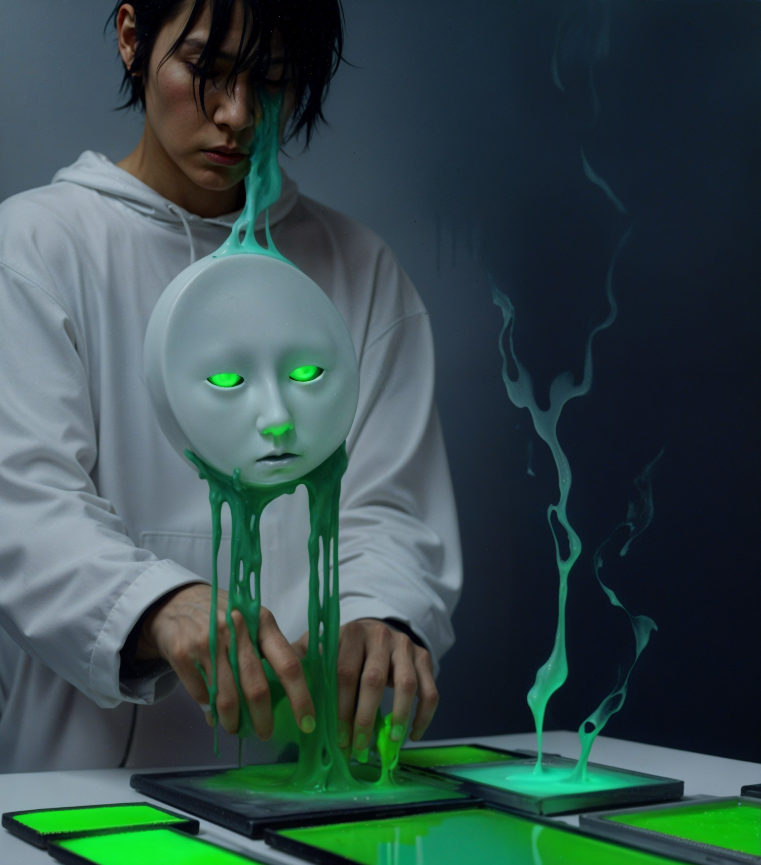 Figure in White Hoodie with Melting Green Mask