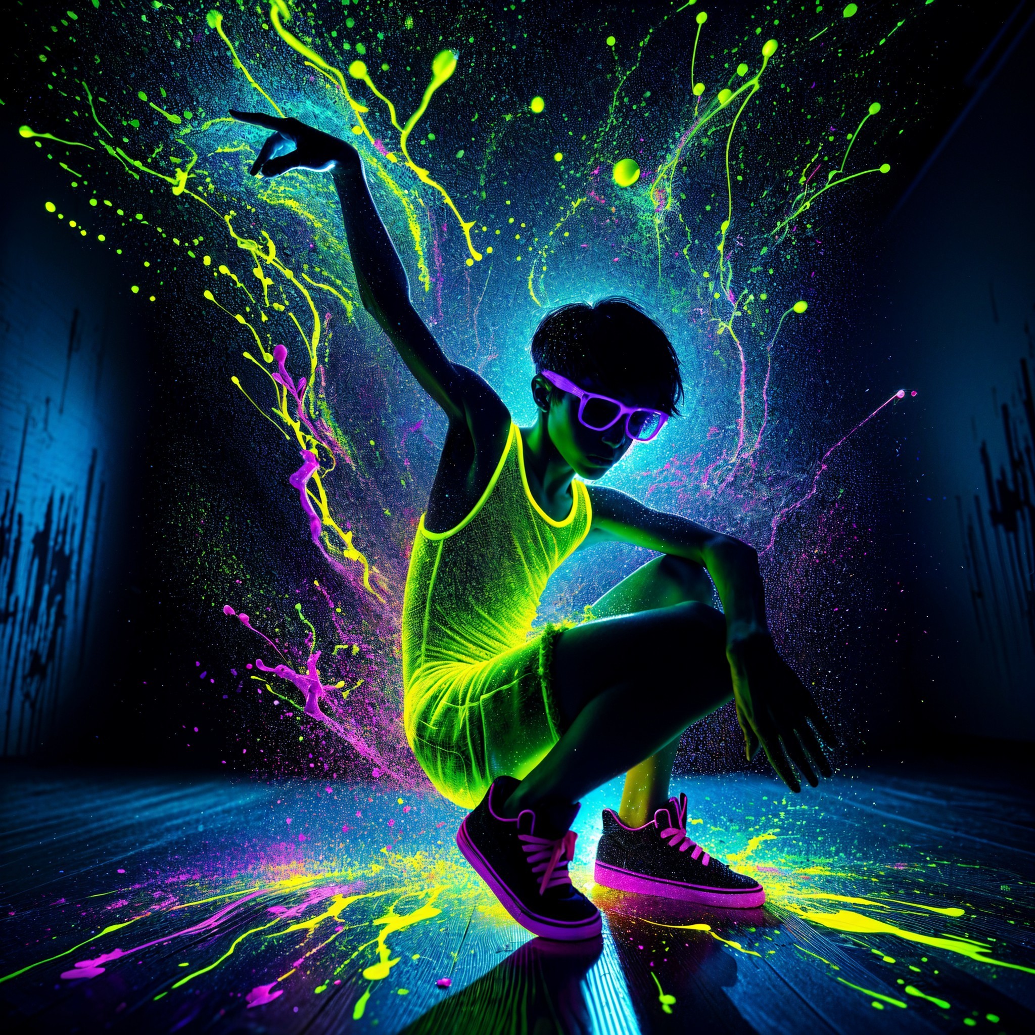 Dancer in Neon Colors with Vibrant Paint Splashes