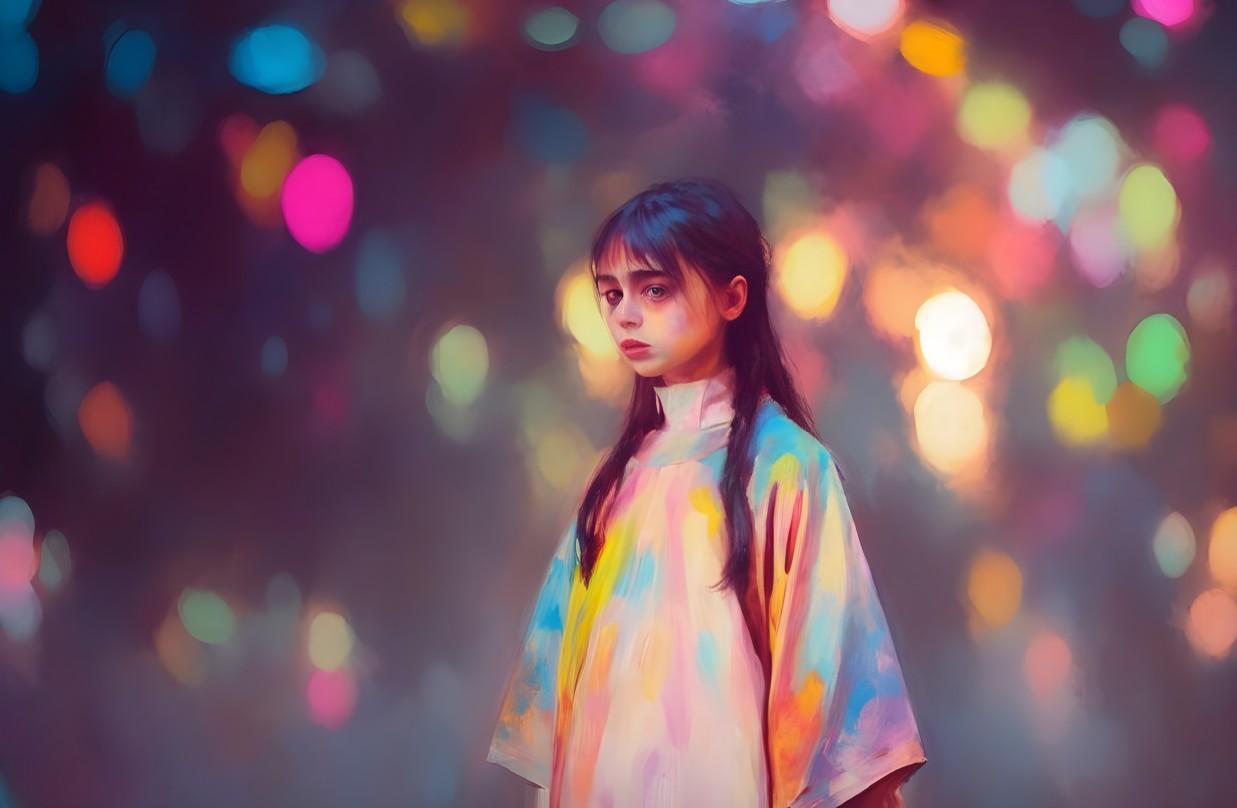 Young girl in dreamy, colorful background with lights