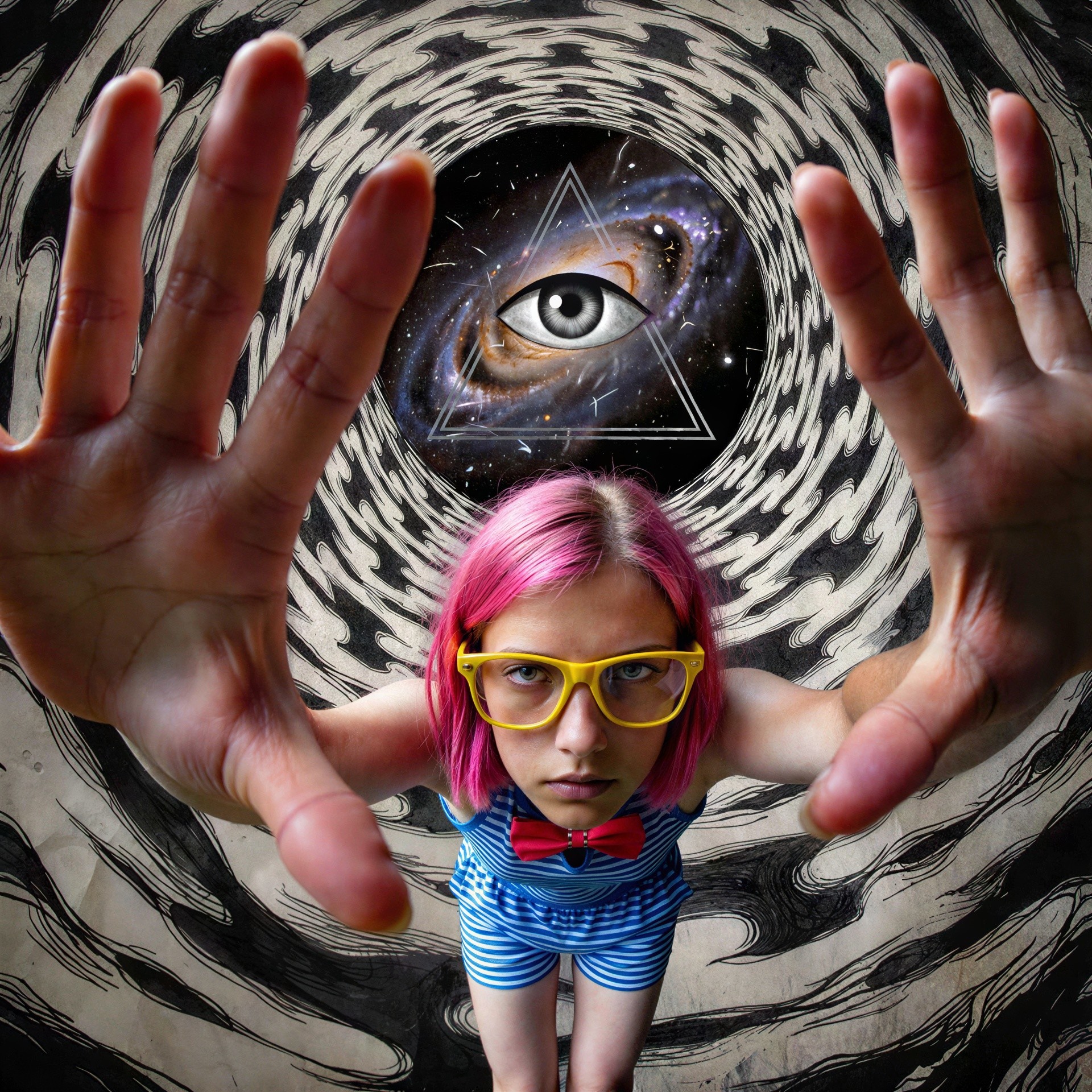 Young girl with pink hair in a surreal tunnel scene