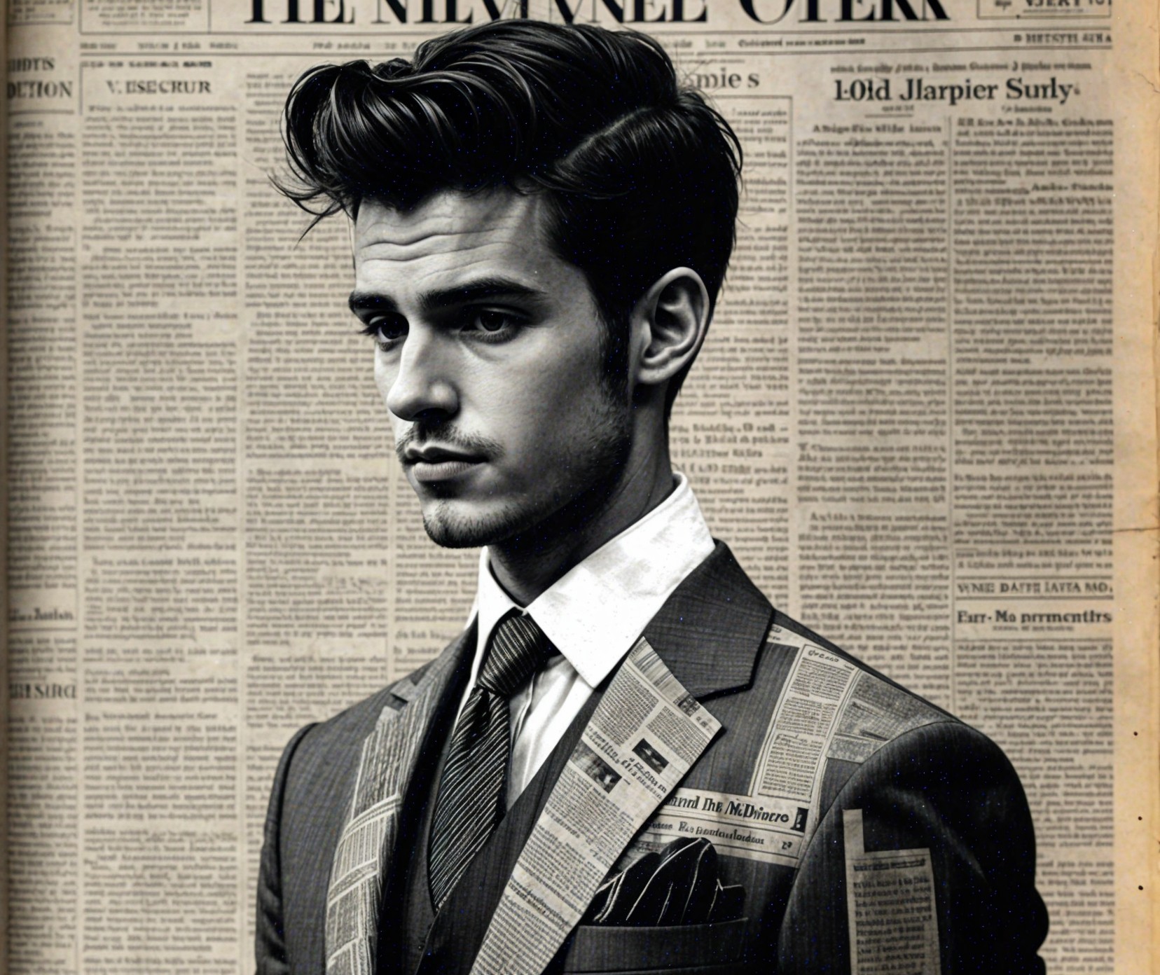 Stylish Man in Newspaper Suit Against Vintage Backdrop