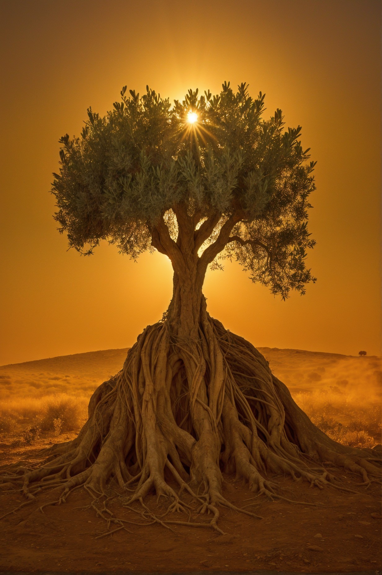 Solitary Tree at Sunset with Lush Green Canopy