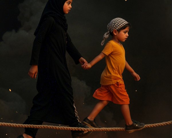 Children Walking Hand in Hand Amid Smoke and Flames