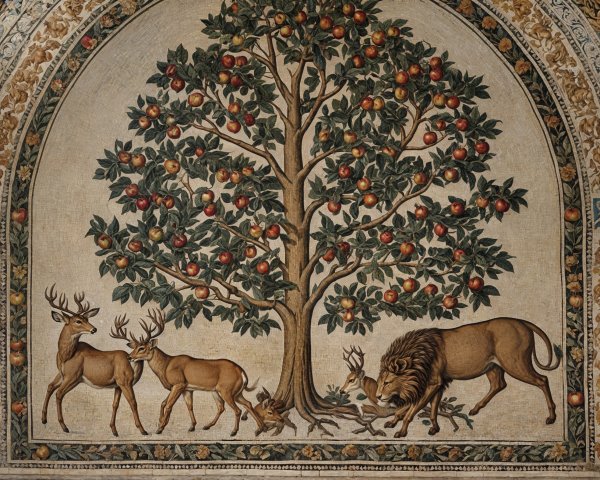 Vibrant mosaic of a fruitful tree with wildlife