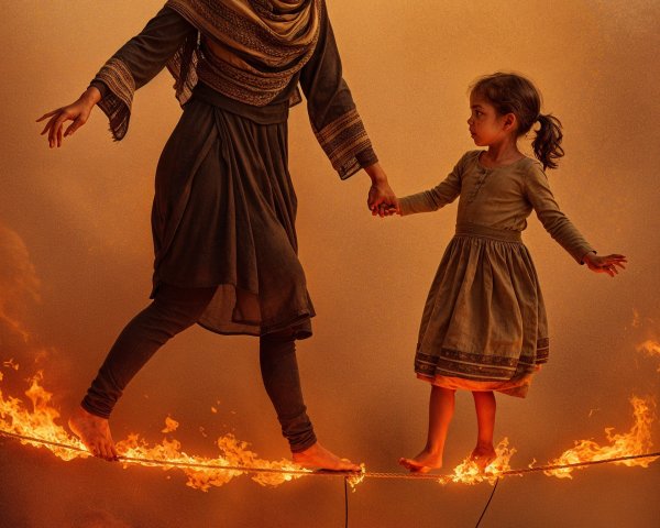 Woman and girl on fiery path in surreal landscape