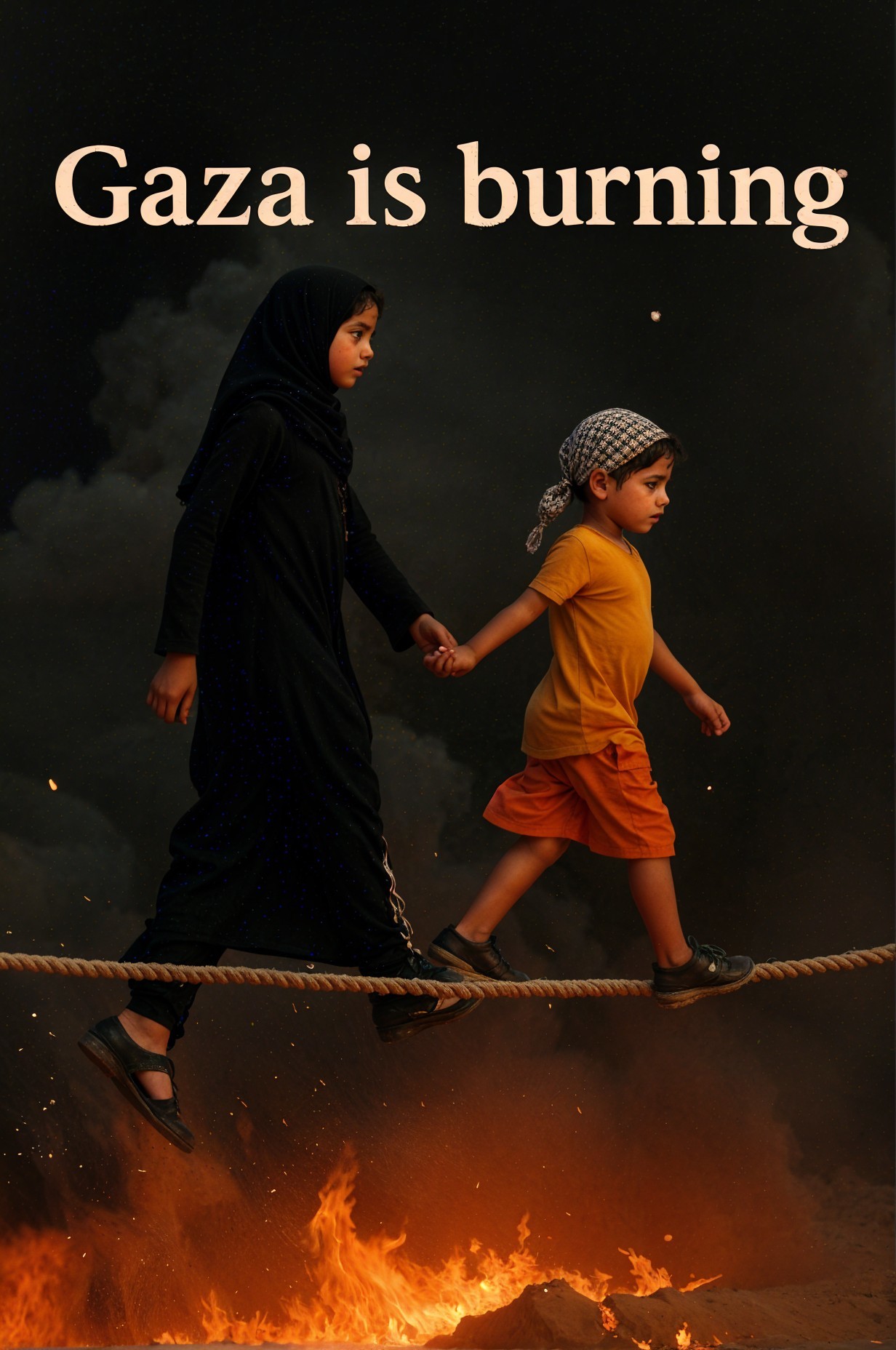 Children Walking Hand in Hand Amid Smoke and Flames